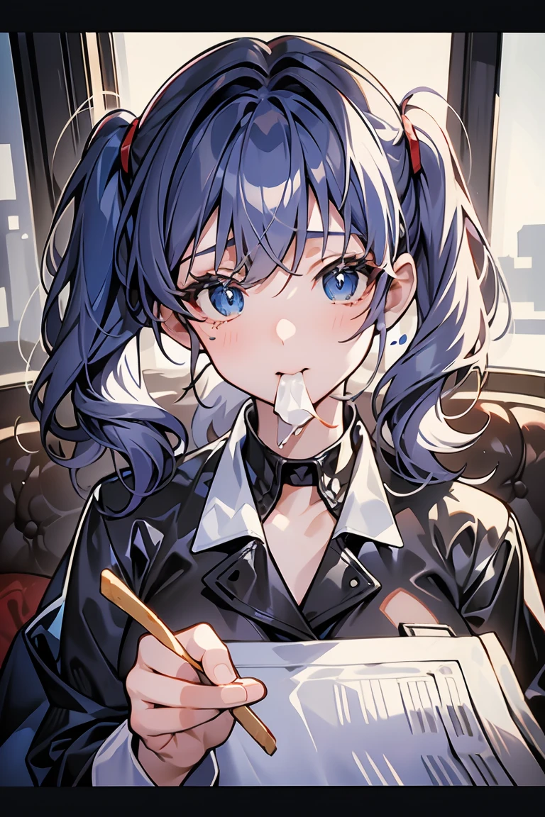 (((beautiful detailed)))(cute face:1.2)1girl, A girl stuffing her face with french fries, Girl crying while eating a pile of french fries, Inside a 2000s-style diner, 1950s-style interior, light Navy blue hair, blue eyes, A short-sleeved white shirt with four vertical bow ties, Ahoge, long bob cut with fluffy hair(sharp lines:1.2)(clear line:1.2)(eye details:1.3)(thick border:1.4) animation cel style,ligne claire, limited palette((masterpiece, high quality, best quality))(low contrast: 0.5),Anna yanami, blue hair, blue eyes, school uniform, makeine, too many losing heroines,Watercolor style, watercolor pencil, paper texture,90s style,Anna yanami, blue hair, blue eyes, school uniform, makeine, too many losing heroines, 