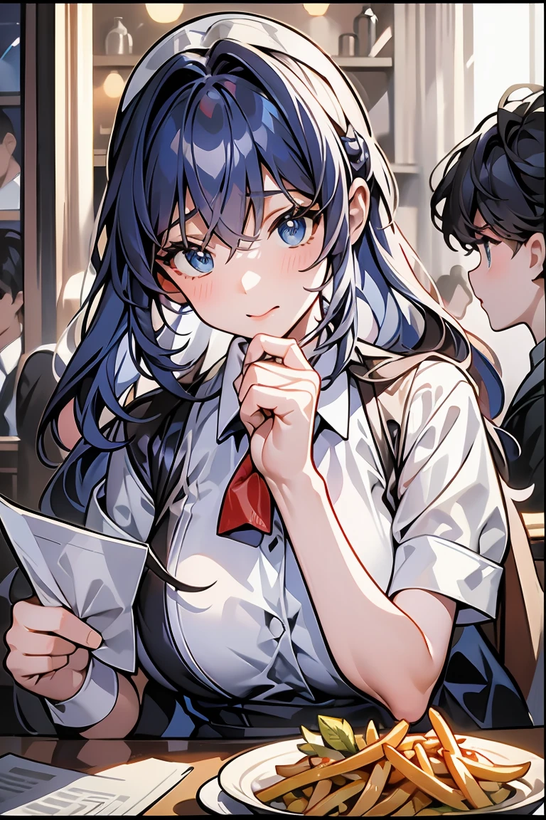 (((beautiful detailed)))(cute face:1.2)1girl, A girl stuffing her face with french fries, Girl crying while eating a pile of french fries, Inside a 2000s-style diner, 1950s-style interior, light Navy blue hair, blue eyes, A short-sleeved white shirt with four vertical bow ties, Ahoge, long bob cut with fluffy hair(sharp lines:1.2)(clear line:1.2)(eye details:1.3)(thick border:1.4) animation cel style,ligne claire, limited palette((masterpiece, high quality, best quality))(low contrast: 0.5),Anna yanami, blue hair, blue eyes, school uniform, makeine, too many losing heroines,Watercolor style, watercolor pencil, paper texture,90s style,Anna yanami, blue hair, blue eyes, school uniform, makeine, too many losing heroines, 