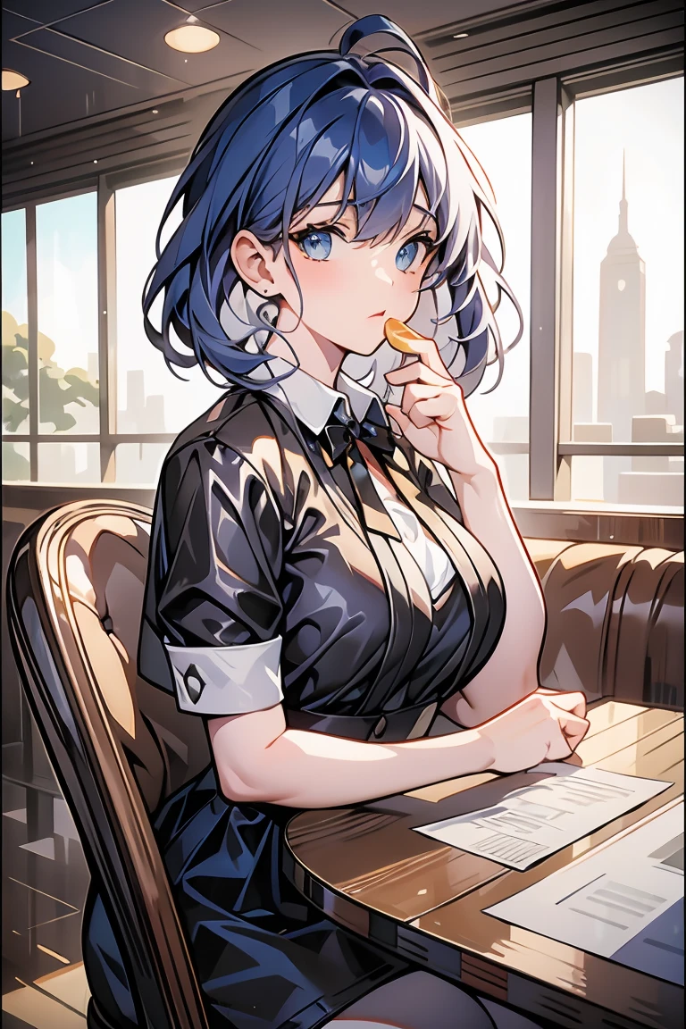 (((beautiful detailed)))(cute face:1.2)1girl, A girl stuffing her face with french fries, Girl crying while eating a pile of french fries, Inside a 2000s-style diner, 1950s-style interior, light Navy blue hair, blue eyes, A short-sleeved white shirt with four vertical bow ties, Ahoge, long bob cut with fluffy hair(sharp lines:1.2)(clear line:1.2)(eye details:1.3)(thick border:1.4) animation cel style,ligne claire, limited palette((masterpiece, high quality, best quality))(low contrast: 0.5),Anna yanami, blue hair, blue eyes, school uniform, makeine, too many losing heroines,Watercolor style, watercolor pencil, paper texture,90s style,Anna yanami, blue hair, blue eyes, school uniform, makeine, too many losing heroines, 