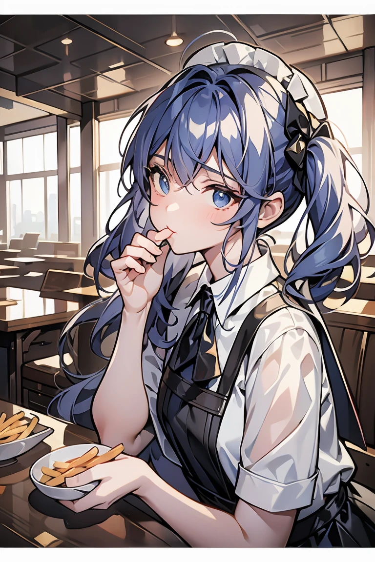 (((beautiful detailed)))(cute face:1.2)1girl, A girl stuffing her face with french fries, Girl crying while eating a pile of french fries, Inside a 2000s-style diner, 1950s-style interior, light Navy blue hair, blue eyes, A short-sleeved white shirt with four vertical bow ties, Ahoge, long bob cut with fluffy hair(sharp lines:1.2)(clear line:1.2)(eye details:1.3)(thick border:1.4) animation cel style,ligne claire, limited palette((masterpiece, high quality, best quality))(low contrast: 0.5),Anna yanami, blue hair, blue eyes, school uniform, makeine, too many losing heroines,Watercolor style, watercolor pencil, paper texture,90s style,Anna yanami, blue hair, blue eyes, school uniform, makeine, too many losing heroines, 