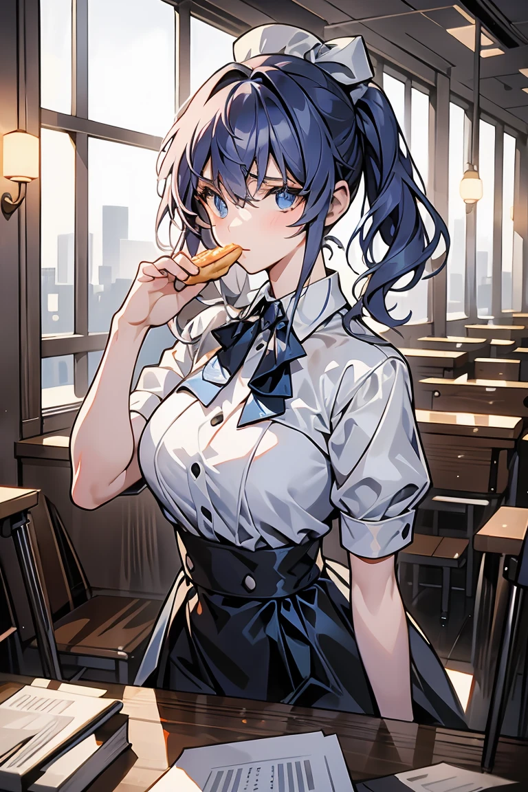 (((beautiful detailed)))(cute face:1.2)1girl, A girl stuffing her face with french fries, Girl crying while eating a pile of french fries, Inside a 2000s-style diner, 1950s-style interior, light Navy blue hair, blue eyes, A short-sleeved white shirt with four vertical bow ties, Ahoge, long bob cut with fluffy hair(sharp lines:1.2)(clear line:1.2)(eye details:1.3)(thick border:1.4) animation cel style,ligne claire, limited palette((masterpiece, high quality, best quality))(low contrast: 0.5),Anna yanami, blue hair, blue eyes, school uniform, makeine, too many losing heroines,Watercolor style, watercolor pencil, paper texture,90s style,Anna yanami, blue hair, blue eyes, school uniform, makeine, too many losing heroines, 