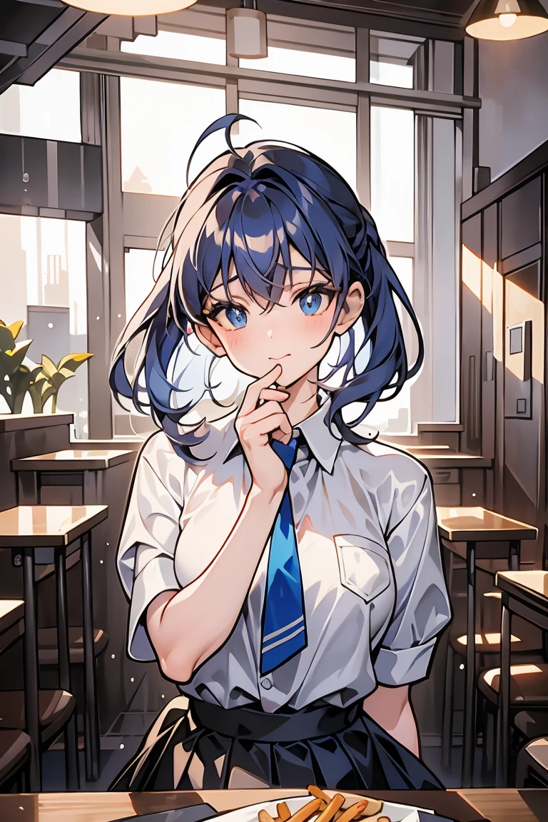 (((beautiful detailed)))(cute face:1.2)1girl, A girl stuffing her face with french fries, Girl crying while eating a pile of french fries, Inside a 2000s-style diner, 1950s-style interior, light Navy blue hair, blue eyes, A short-sleeved white shirt with four vertical bow ties, Ahoge, long bob cut with fluffy hair(sharp lines:1.2)(clear line:1.2)(eye details:1.3)(thick border:1.4) animation cel style,ligne claire, limited palette((masterpiece, high quality, best quality))(low contrast: 0.5),Anna yanami, blue hair, blue eyes, school uniform, makeine, too many losing heroines,Watercolor style, watercolor pencil, paper texture,90s style,Anna yanami, blue hair, blue eyes, school uniform, makeine, too many losing heroines, 