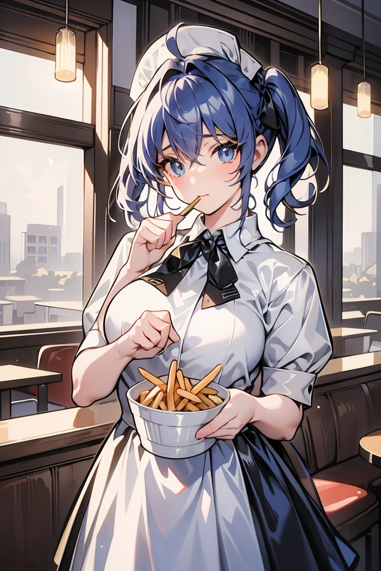 (((beautiful detailed)))(cute face:1.2)1girl, A girl stuffing her face with french fries, Girl crying while eating a pile of french fries, Inside a 2000s-style diner, 1950s-style interior, light Navy blue hair, blue eyes, A short-sleeved white shirt with four vertical bow ties, Ahoge, long bob cut with fluffy hair(sharp lines:1.2)(clear line:1.2)(eye details:1.3)(thick border:1.4) animation cel style,ligne claire, limited palette((masterpiece, high quality, best quality))(low contrast: 0.5),Anna yanami, blue hair, blue eyes, school uniform, makeine, too many losing heroines,Watercolor style, watercolor pencil, paper texture,90s style,Anna yanami, blue hair, blue eyes, school uniform, makeine, too many losing heroines, 