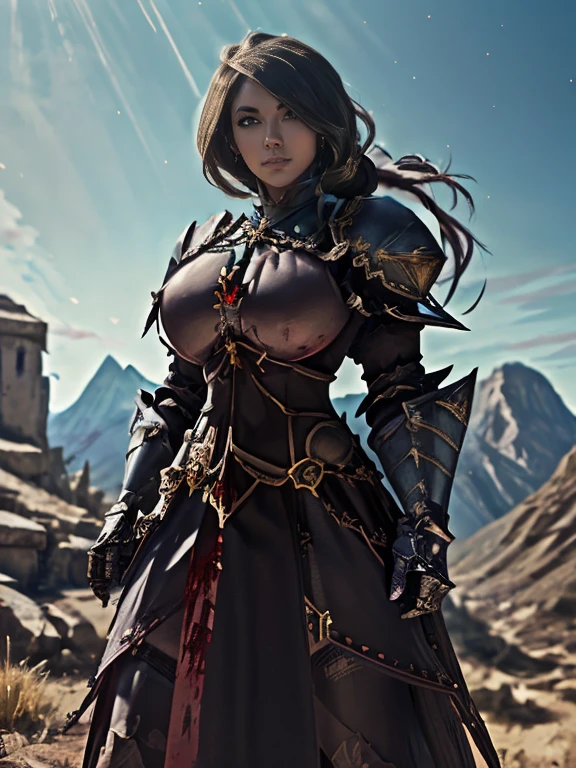 very very beautiful woman、very tall woman、((Logic))、(face detailed)(((breasts big)))、realisitic Skin、((Knattas of the Earth)), (((Light brown and black armor:1.25)))、((((非常に繊細で装飾が施されたLight brown and black armor))))、((delicate photo))，(Asstepeace girl RAW photo details:1.25), (highest quallity:1.6), (ultra-high resolution:1.5), (realisitic:1.75), 8K resolution, Canon EOS R5, 50mm, absurdrez, super verbose,Cinema lighting,Battlefields of Medieval Europe、((fight))、rpg world、final-fantasy、(((Decorative skirt)))、thigh high socks、tiling、natta、((((Messy High Ponytail with Center Part))))、((Get a torn package of seanto、((beautiful armor))、(((Huge weapons)))、In combat、the wind is blowing、(((Leading a large group of knattas:1.3)))、(((Knatta Commander)))、(flag)、Monkey coat of arms、(((The main color is light brown)))、(((black tribal tattoos)))、dust、(((vestindo pele)))、(rocky area)、(((battle scenes)))