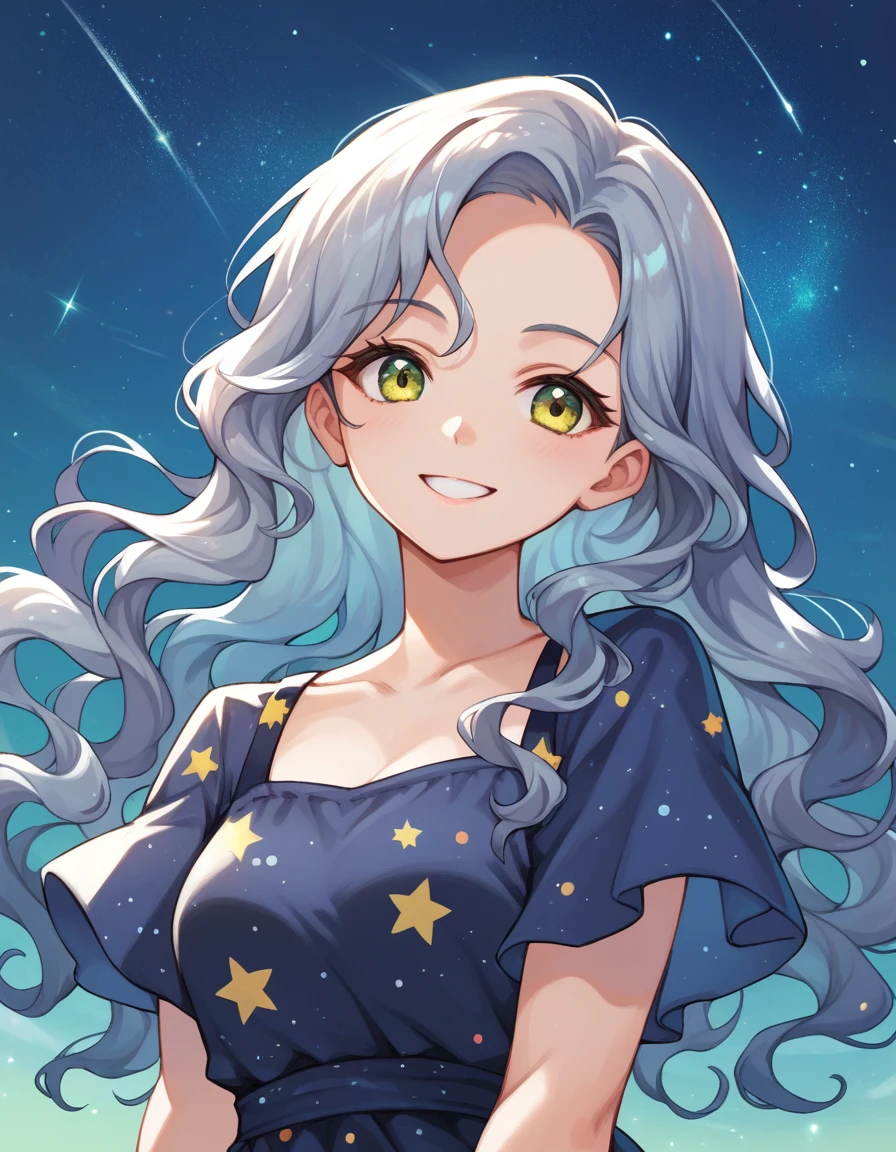 score_9, score_8_up, score_7_up, 1girl, long sky blue wavy  hair, upper body, one green eye and one yellow  eyes, arms at side, outdoors, starry night, long grey star print dress, smile,