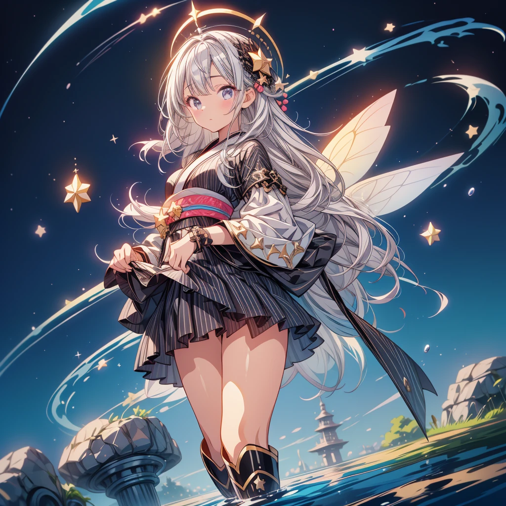 highest quality、８k,handsome face、vtuber-halfbody、A picture facing straight ahead towards the viewer、Star Fairy、Full body front standing picture、front、1girl,highest quality、masterpiece、official art、Super detailed、super beautiful、Cute Star Fairy、Gray hair straight long、Milky Way、universe、Star charm、Star、baby face、knee-high boots、Japanese pattern dress、A beautiful girl wearing black and white clothes that are a remake of a yukata.、A ruffled dress reminiscent of the universe、