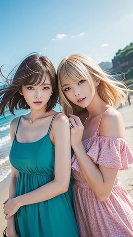 japan teenagers, naked, two girl,long blonde hair,straddled,clean pussy, green eyes, looking at the viewer, medium tits, high res, 8k