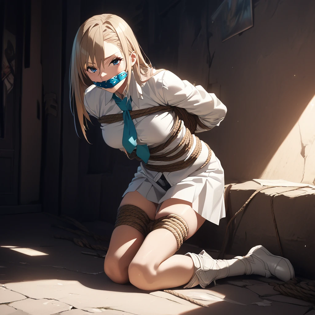 1girl,asuna,sword art online , kidnapped, rope bondage, full body, gagged, ballgag, rope, hands behind back,tie white boots, masterpiece, highly aesthetic, photorealistic, 8k, ultra-detailed, cinematic lighting, dramatic shadows, intricate details, vibrant colors, sensitive pose