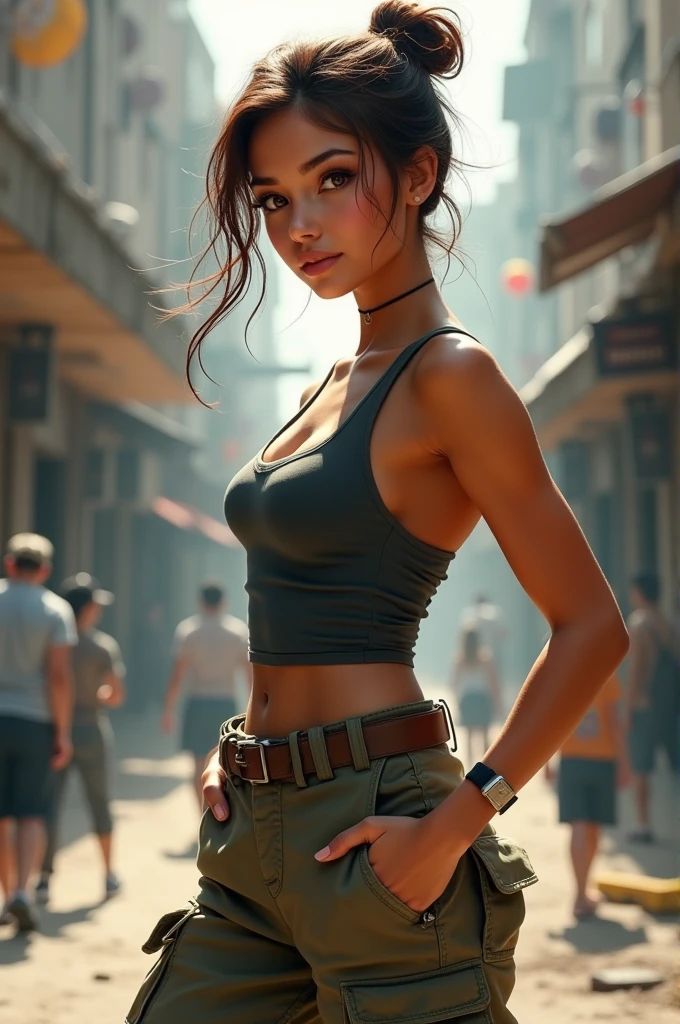 photorealistic portrait, War girl wearing skimpy Casual Dress on leave visiting city science fiction hyperrealistic 8k shot of the day beautiful high resolution close up