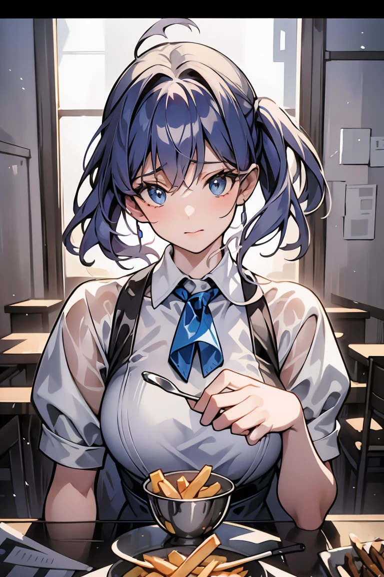 (((beautiful detailed)))(cute face:1.2)1girl, A girl stuffing her face with french fries, Girl crying while eating a pile of french fries, Inside a 2000s-style diner, 1950s-style interior, light Navy blue hair, blue eyes, A short-sleeved white shirt with four vertical bow ties, Ahoge, long bob cut with fluffy hair(sharp lines:1.2)(clear line:1.2)(eye details:1.3)(thick border:1.4) animation cel style,ligne claire, limited palette((masterpiece, high quality, best quality))(low contrast: 0.5),Anna yanami, blue hair, blue eyes, school uniform, makeine, too many losing heroines,Watercolor style, watercolor pencil, paper texture,90s style,Anna yanami, blue hair, blue eyes, school uniform, makeine, too many losing heroines, 