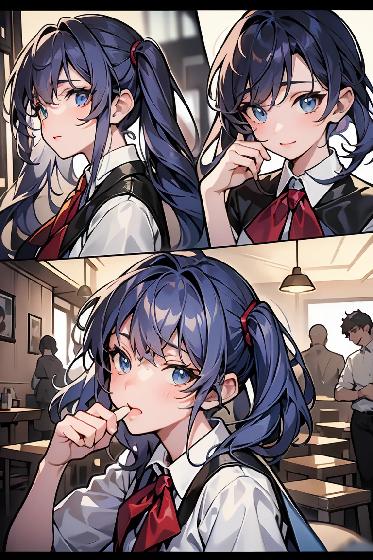 (((beautiful detailed)))(cute face:1.2)1girl, A girl stuffing her face with french fries, Girl crying while eating a pile of french fries, Inside a 2000s-style diner, 1950s-style interior, light Navy blue hair, blue eyes, A short-sleeved white shirt with four vertical bow ties, Ahoge, long bob cut with fluffy hair(sharp lines:1.2)(clear line:1.2)(eye details:1.3)(thick border:1.4) animation cel style,ligne claire, limited palette((masterpiece, high quality, best quality))(low contrast: 0.5),Anna yanami, blue hair, blue eyes, school uniform, makeine, too many losing heroines,Watercolor style, watercolor pencil, paper texture,90s style,Anna yanami, blue hair, blue eyes, school uniform, makeine, too many losing heroines, 