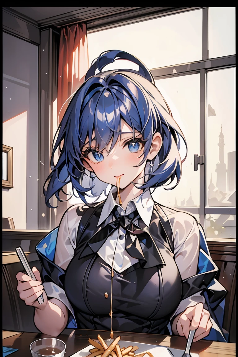 (((beautiful detailed)))(cute face:1.2)1girl, A girl stuffing her face with french fries, Girl crying while eating a pile of french fries, Inside a 2000s-style diner, 1950s-style interior, light Navy blue hair, blue eyes, A short-sleeved white shirt with four vertical bow ties, Ahoge, long bob cut with fluffy hair(sharp lines:1.2)(clear line:1.2)(eye details:1.3)(thick border:1.4) animation cel style,ligne claire, limited palette((masterpiece, high quality, best quality))(low contrast: 0.5),Anna yanami, blue hair, blue eyes, school uniform, makeine, too many losing heroines,Watercolor style, watercolor pencil, paper texture,90s style,Anna yanami, blue hair, blue eyes, school uniform, makeine, too many losing heroines, 