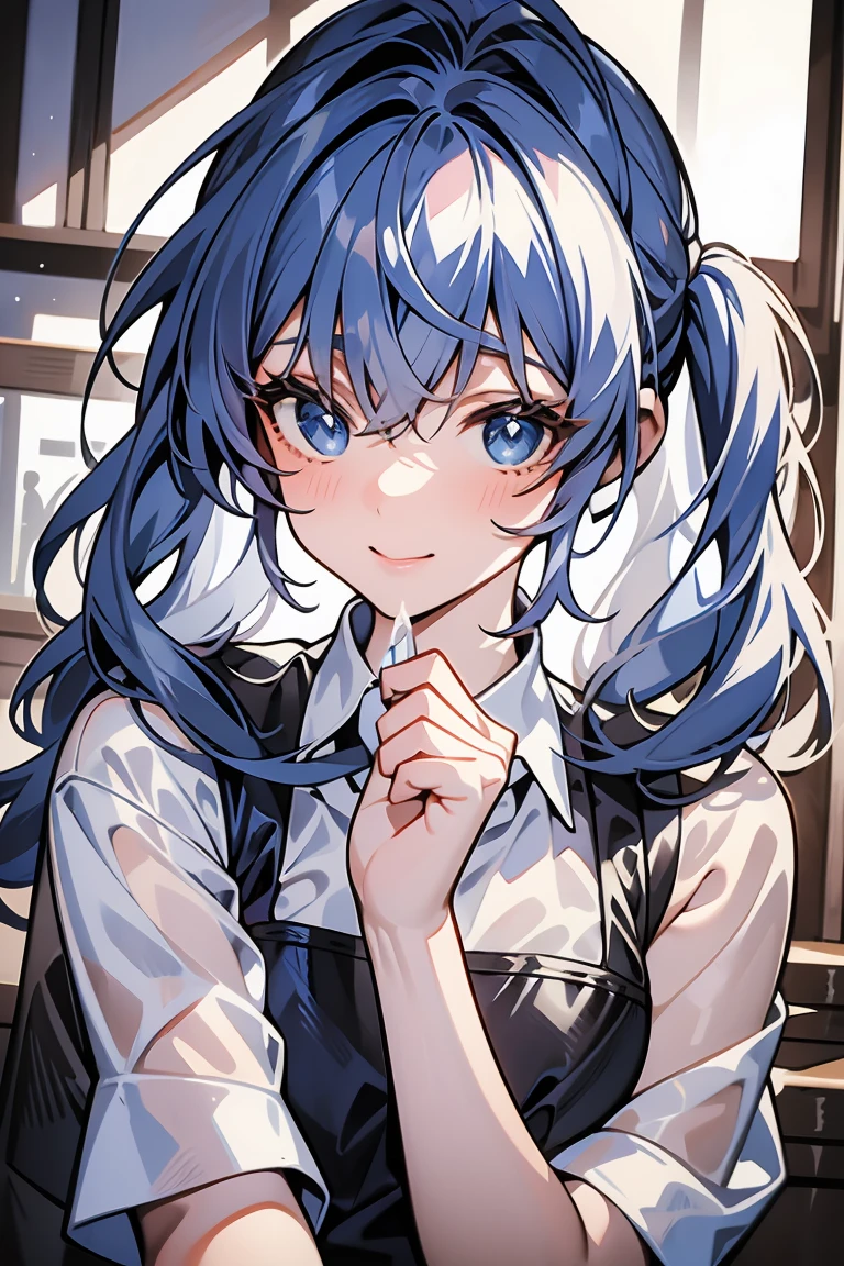 (((beautiful detailed)))(cute face:1.2)1girl, A girl stuffing her face with french fries, Girl crying while eating a pile of french fries, Inside a 2000s-style diner, 1950s-style interior, light Navy blue hair, blue eyes, A short-sleeved white shirt with four vertical bow ties, Ahoge, long bob cut with fluffy hair(sharp lines:1.2)(clear line:1.2)(eye details:1.3)(thick border:1.4) animation cel style,ligne claire, limited palette((masterpiece, high quality, best quality))(low contrast: 0.5),Anna yanami, blue hair, blue eyes, school uniform, makeine, too many losing heroines,Watercolor style, watercolor pencil, paper texture,90s style,Anna yanami, blue hair, blue eyes, school uniform, makeine, too many losing heroines, 