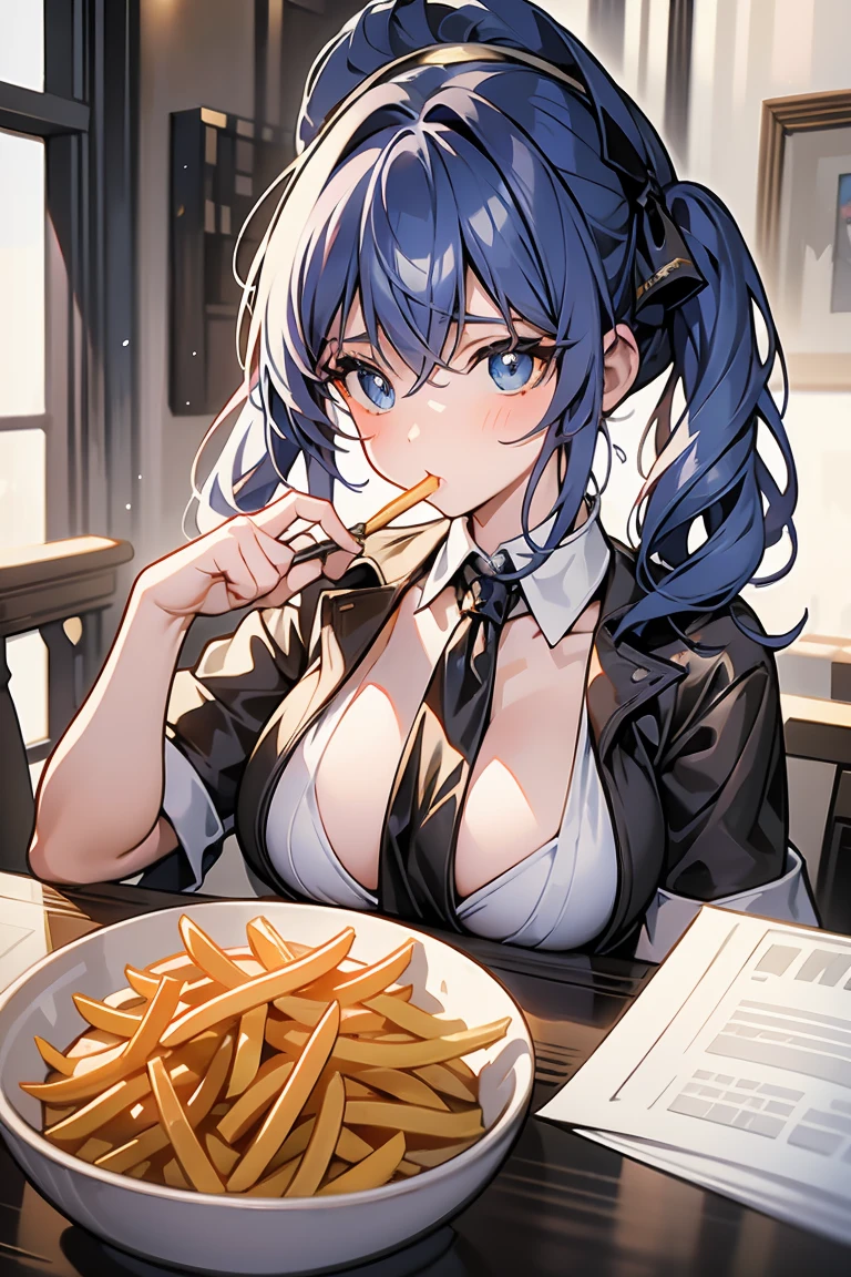 (((beautiful detailed)))(cute face:1.2)1girl, A girl stuffing her face with french fries, Girl crying while eating a pile of french fries, Inside a 2000s-style diner, 1950s-style interior, light Navy blue hair, blue eyes, A short-sleeved white shirt with four vertical bow ties, Ahoge, long bob cut with fluffy hair(sharp lines:1.2)(clear line:1.2)(eye details:1.3)(thick border:1.4) animation cel style,ligne claire, limited palette((masterpiece, high quality, best quality))(low contrast: 0.5),Anna yanami, blue hair, blue eyes, school uniform, makeine, too many losing heroines,Watercolor style, watercolor pencil, paper texture,90s style,Anna yanami, blue hair, blue eyes, school uniform, makeine, too many losing heroines, 