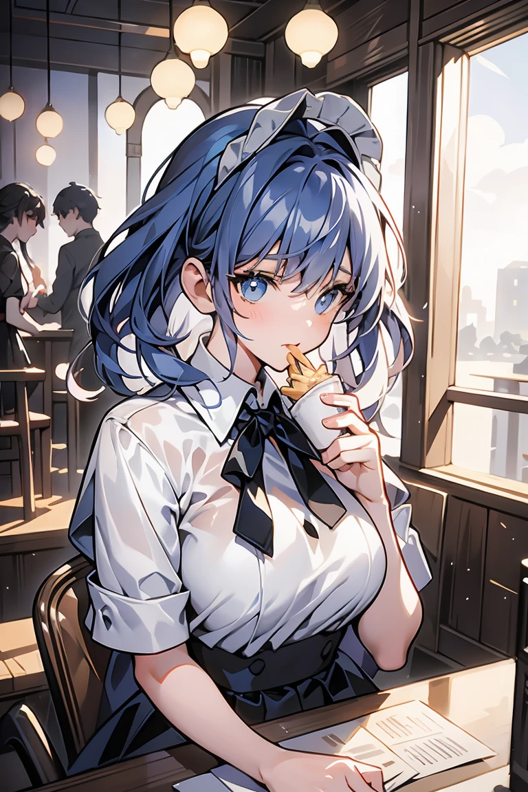 (((beautiful detailed)))(cute face:1.2)1girl, A girl stuffing her face with french fries, Girl crying while eating a pile of french fries, Inside a 2000s-style diner, 1950s-style interior, light Navy blue hair, blue eyes, A short-sleeved white shirt with four vertical bow ties, Ahoge, long bob cut with fluffy hair(sharp lines:1.2)(clear line:1.2)(eye details:1.3)(thick border:1.4) animation cel style,ligne claire, limited palette((masterpiece, high quality, best quality))(low contrast: 0.5),Anna yanami, blue hair, blue eyes, school uniform, makeine, too many losing heroines,Watercolor style, watercolor pencil, paper texture,90s style,Anna yanami, blue hair, blue eyes, school uniform, makeine, too many losing heroines, 