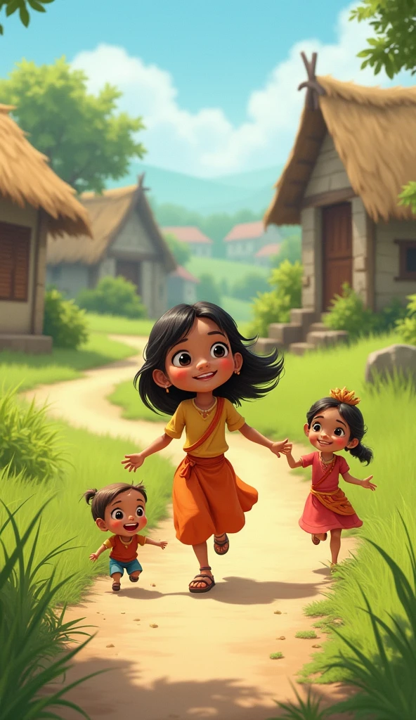 a 45 years short sri lankan mother with her twins son and daughter in front of a poor clay house in a village and love each other