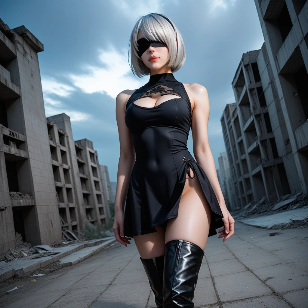 score_9, score_8_up, score_7_up, 32k,masterpiece, highest quality, 
photo realistic, super detail, vibrant colors, chiaroscuro lighting, cinematic lighting,
1 woman, inspired nier automata 2B,
bob cut, silver hair, bangs, mole under mouth, blindfold,
2B leotard, cleavage cutout, skirt, thigh-high under boots,
ruins, a ruined world, devastated cities, dark cloudy sky,
seductive pose, dramatic angle,