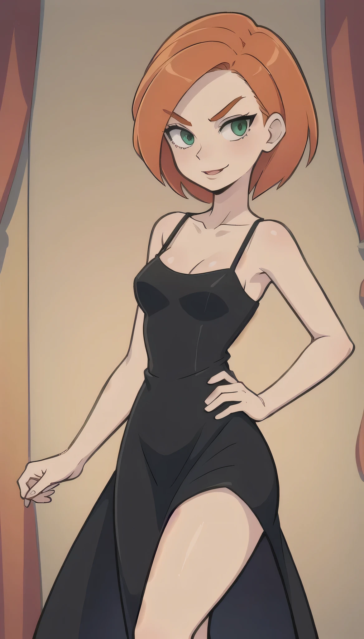 1girl, (cartoon:1.3), detailed eyes, looking at the viewer, Orange-red hair, green eyes, black spaghetti strap dress, short black dress, small breast, collarbone, hands on hip, pale skin, thin eyebrows, seductive smile, seductive look, bedroom, pink bed, brown curtain