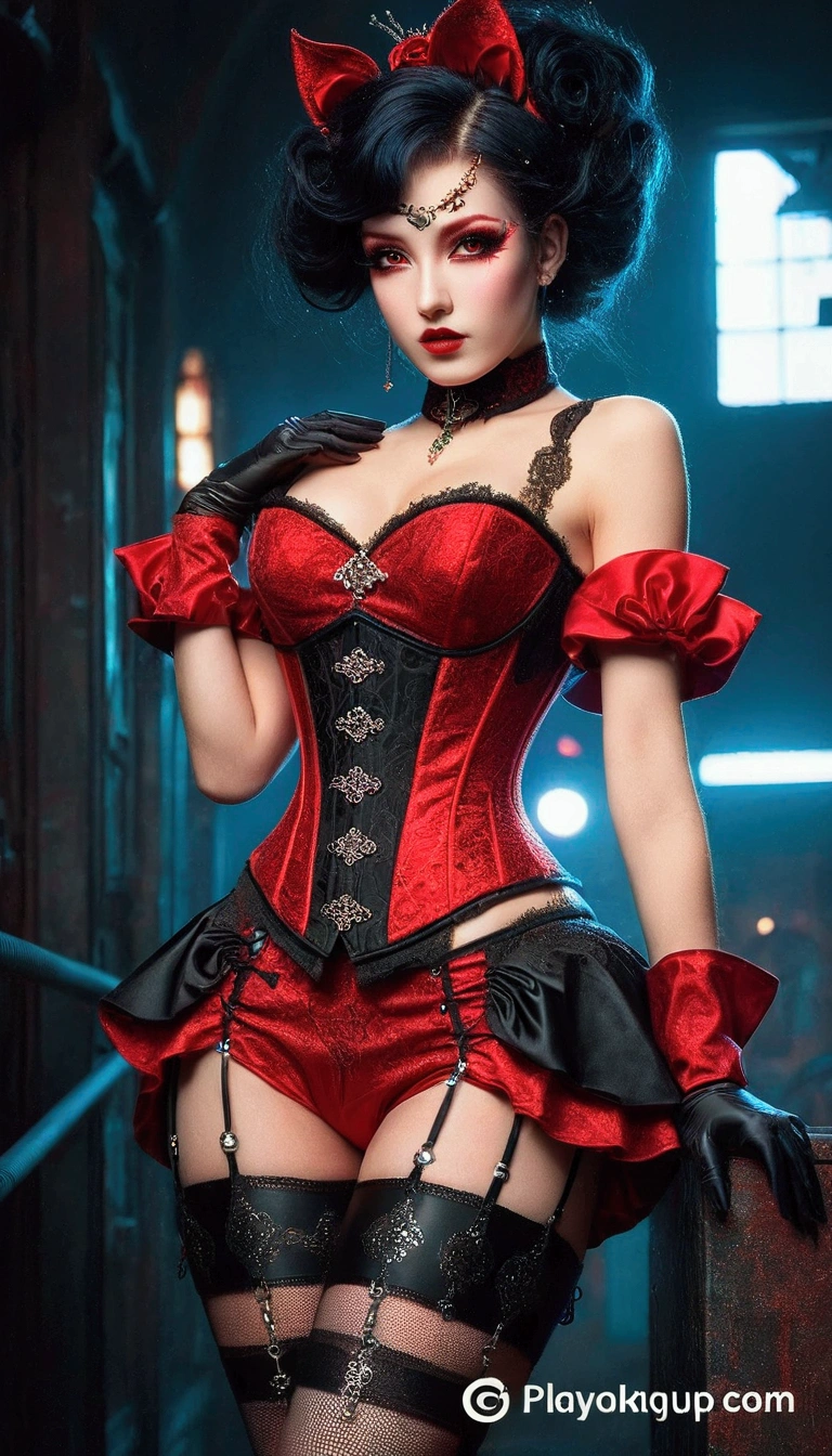 arafed woman in a red corset and black stockings posing for a picture, red and black costume!!!, red leather corset, corset, glamourous cosplay, ornamental gothic - cyberpunk, like lady mechanika, extremely detailed artgerm, steampunk pin-up girl, cgsociety masterpiece, ornate cosplay, steampunk beautiful anime woman, very sexy devil outfit, very tight corset