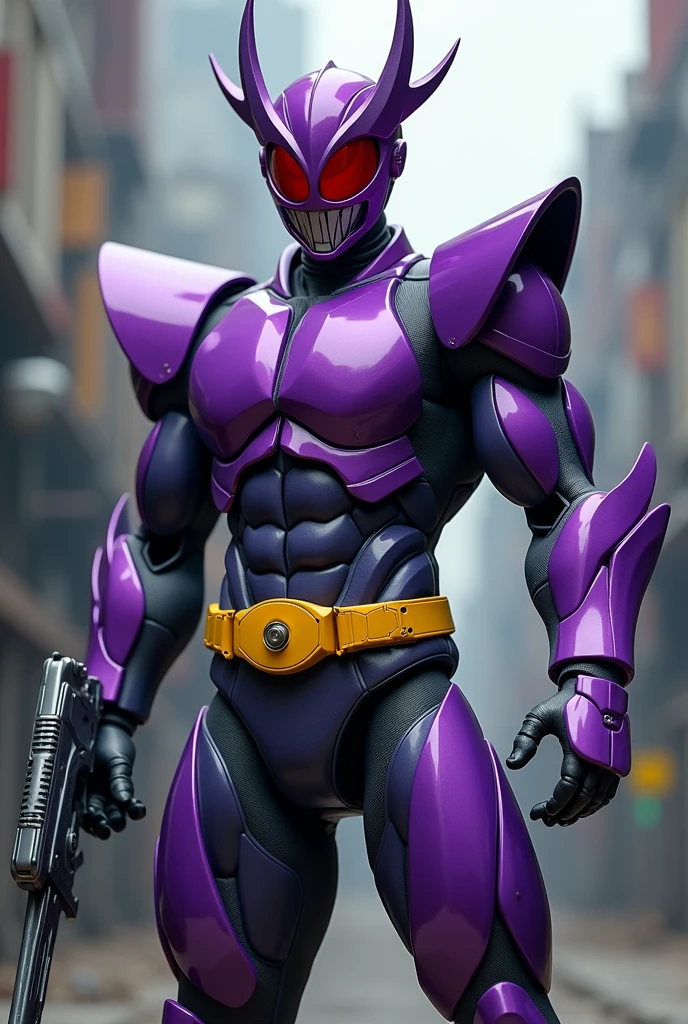Kamen Rider His costume is based on the robot and cobra. The costume is purple, white, and black. His eyes glow a bright dark green. He holds a whip with a handle based on the robot and cobra. It is purple, black, and white. He stands on the ruins of a building surrounded by tall buildings.