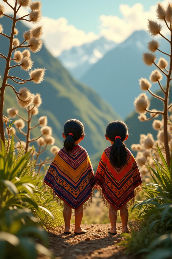 Ecuadorian children with ruana in a valley of frailejones - SeaArt AI