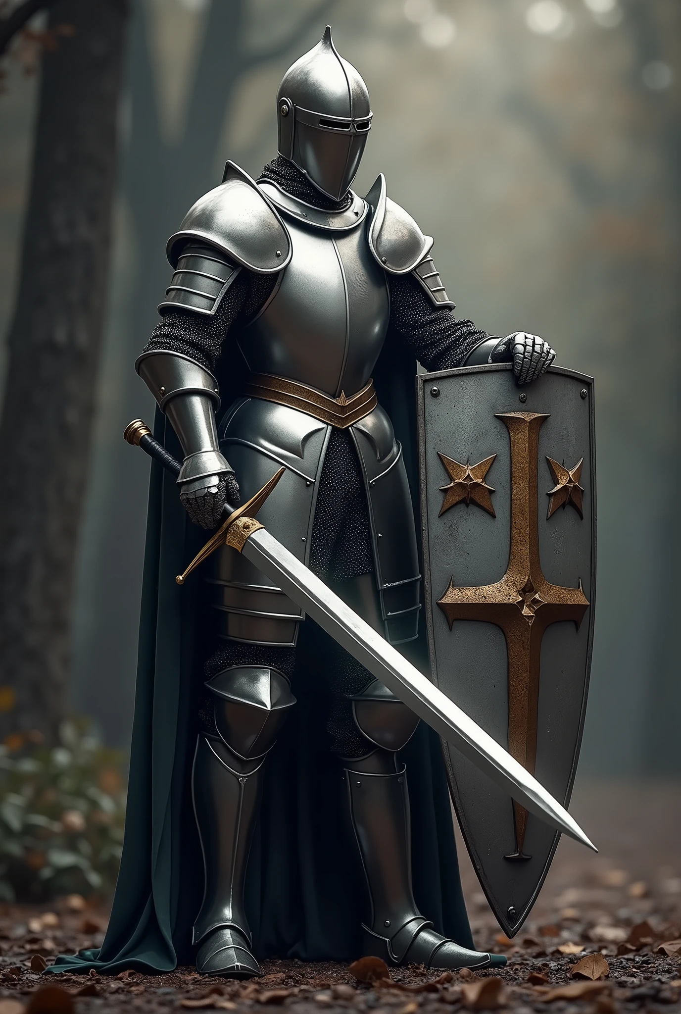 real、Medieval Knight、Silver Armor、Longsword on shoulder、Lift the shield to the ground and support it with your hands.、The outline shines in the backlight