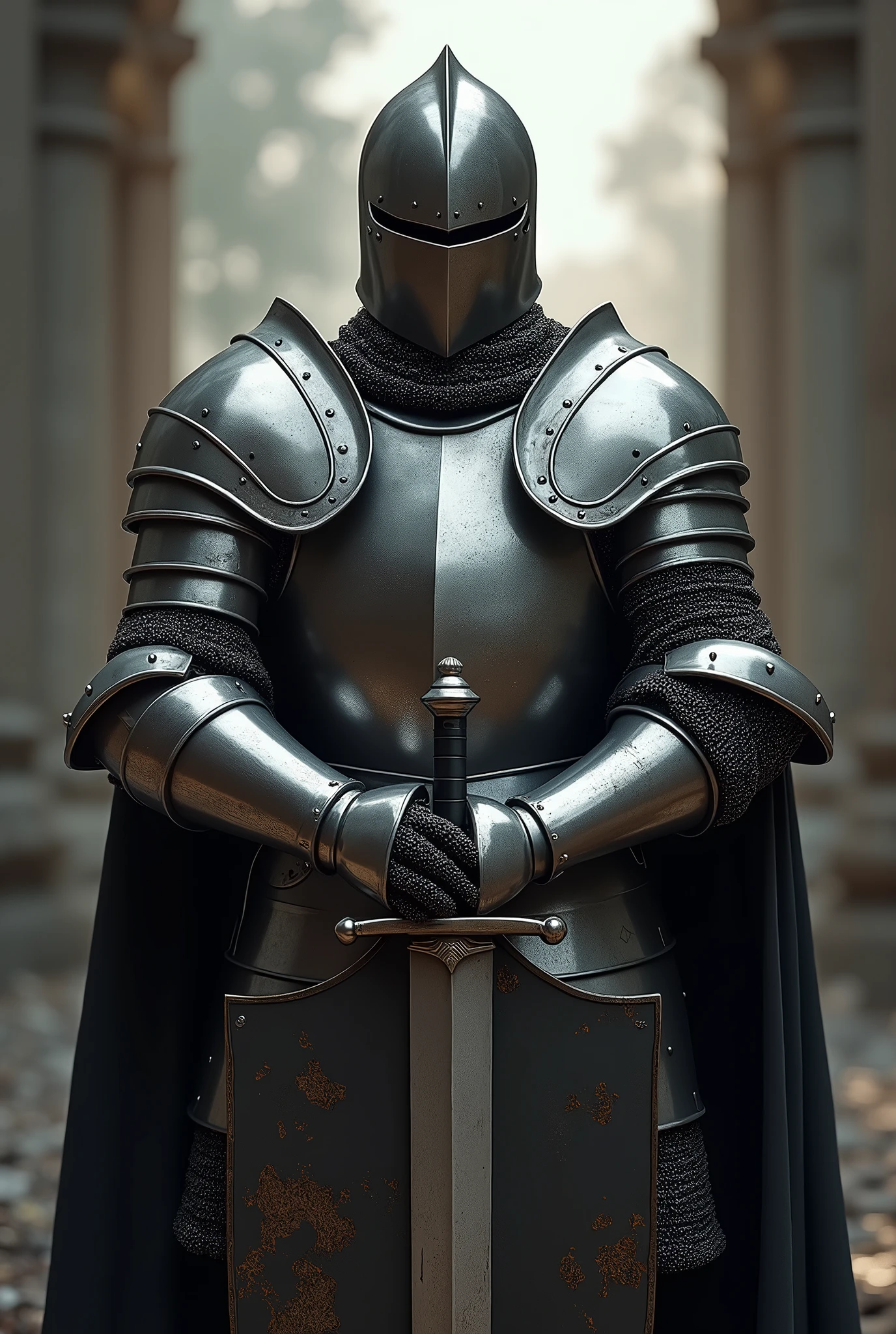 real、Medieval Knight、Silver Armor、Longsword on shoulder、Lift the shield to the ground and support it with your hands.、The outline shines in the backlight