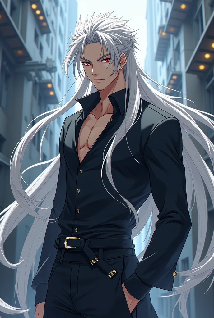 demon boy, human skin, virgin killer sweater, tattered black pants, muscular, t, hand above head, , hell back ground, black horns, demon horns, body , on knees, Silver hair short, one man