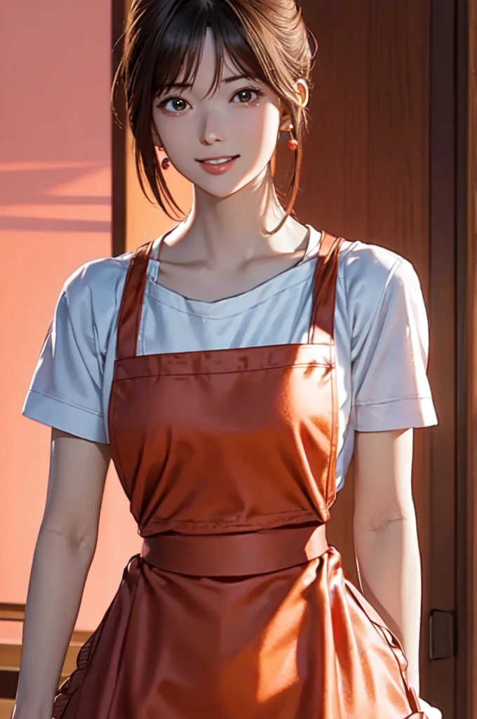 High resolution, 8k, Best Quality, detailed, Semi-realistic anime, 3D anime style, Smooth anime CG, One Girl, 20 year old Japanese woman, slim, Modeling, Shiny brown hair, detailedな顔, Beautiful and detailed, Glowing Skin, Hard Focus、Film Grain, Soft lighting, Laughter, (red_apron:1.5),Pink Skirt, Pink Shirt,Short sleeve, 
clavicle,Earrings, jewelry,necklace,kitchen, kitchen