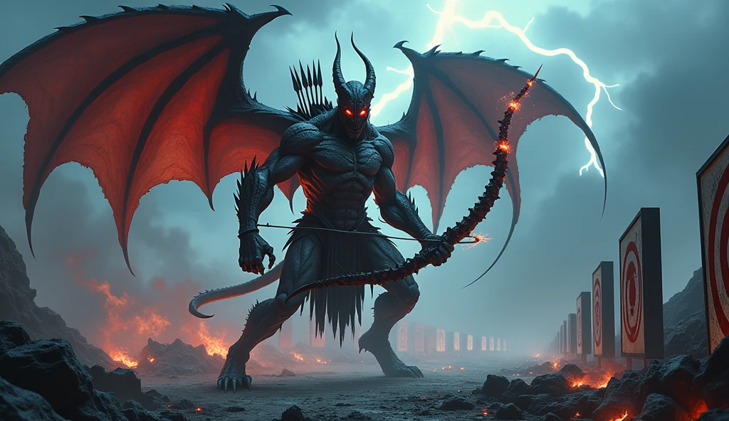 a very tall demon with lion head and goat horns and bat wings standing straight in two feet human pose, stern expression, confident pose, glowing red eyes, dark fur, goat feet, celestial, muscular frame, a great sword plug on the ground infront of him, detailed facial features, highly detailed, photorealistic, light and shadow contract, dramatic lighting, fantasy, surreal, dark, moody, thunder sky background, white fog foreground, water reflection the ground, skulls on the ground