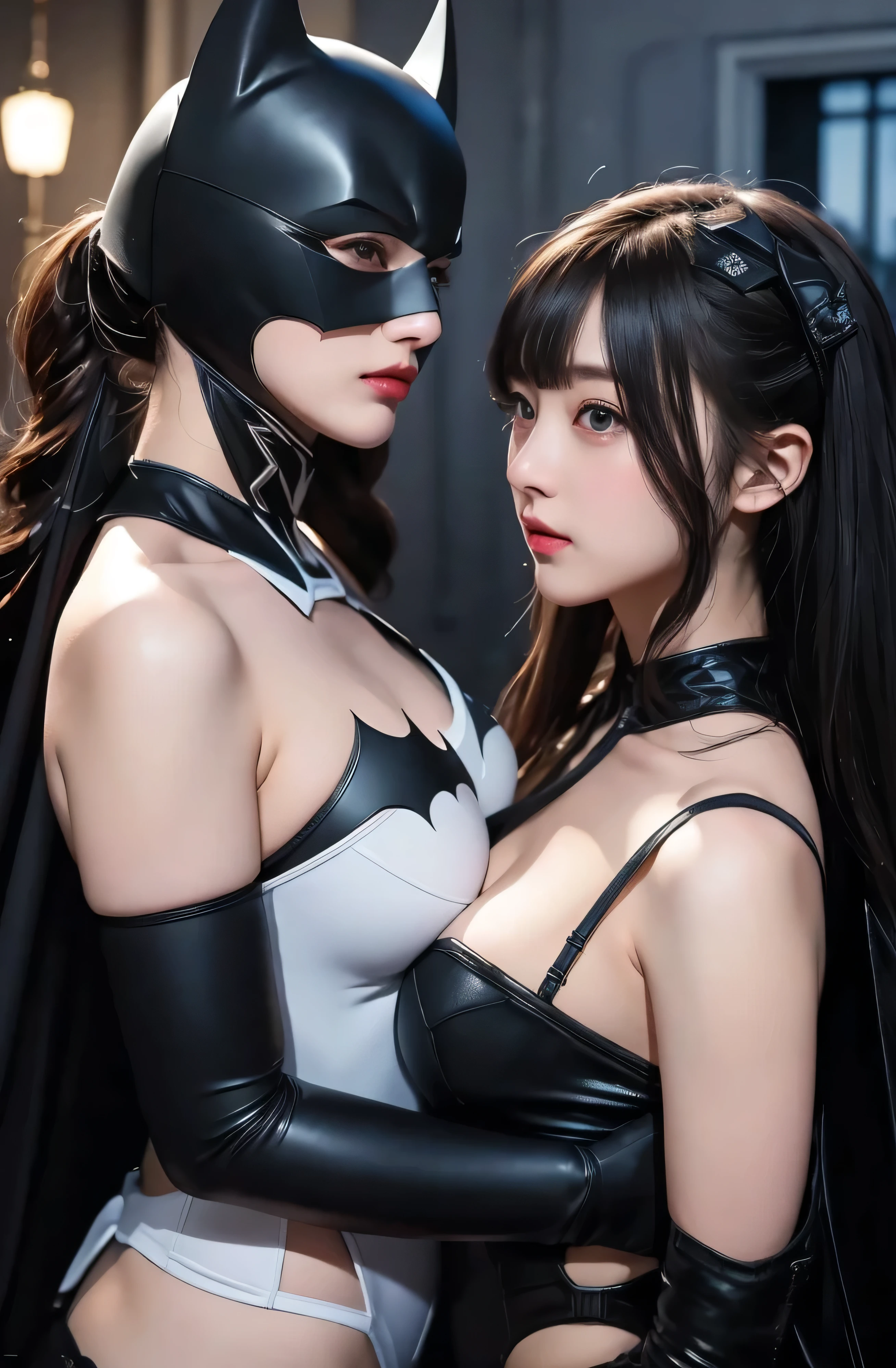 ８image quality、((Best Quality))、((masterpiece))、(detailed)、2girl、batman&#39;s Suit、Kiss、(Naughty pose)、(Big Breasts)、(Poses that emphasize big breasts)、Pink nipples、Cute Japanese、woman