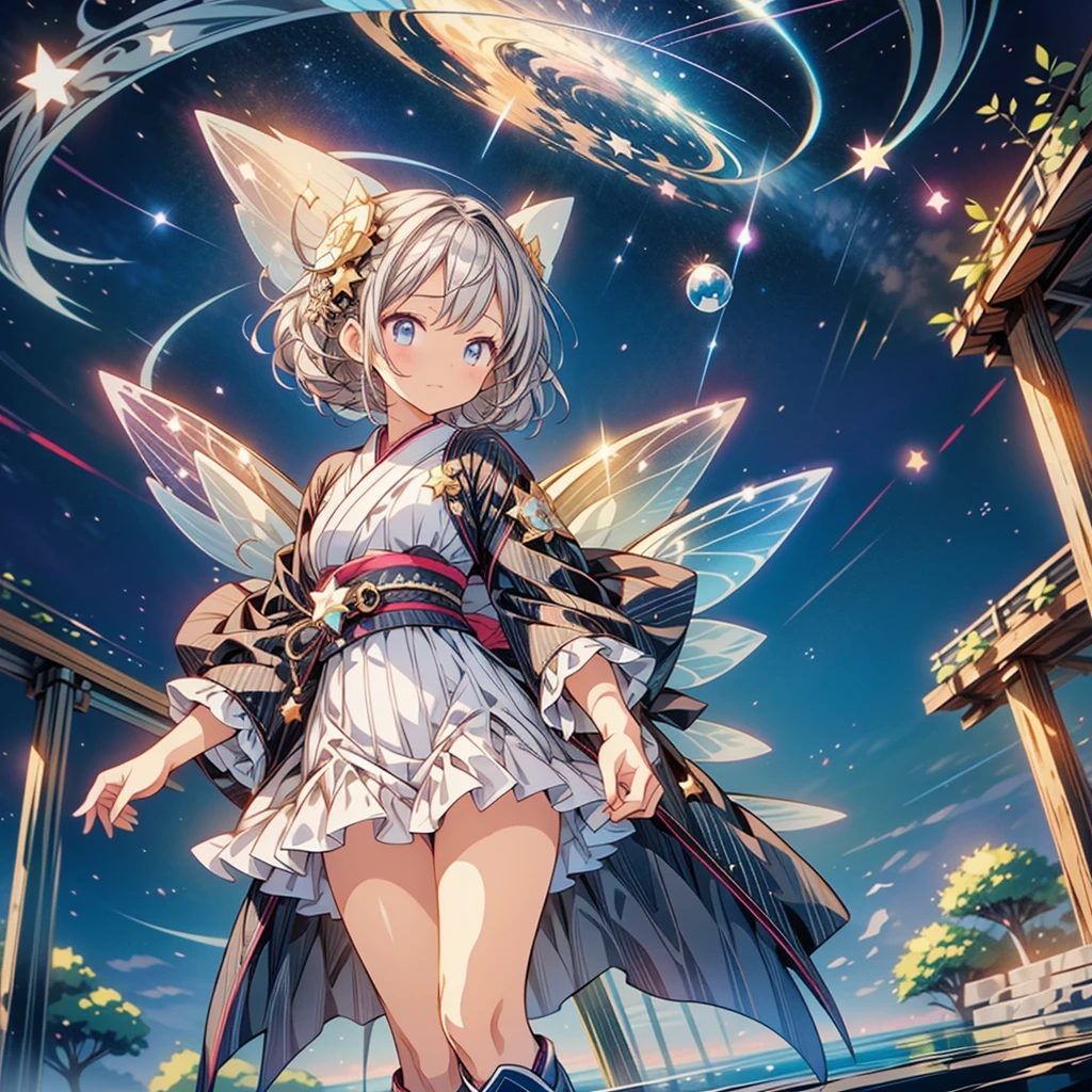 highest quality、８k,handsome face、vtuber-halfbody、A picture facing straight ahead towards the viewer、Star Fairy、Full body front standing picture、front、1girl,highest quality、masterpiece、official art、Super detailed、super beautiful、Cute Star Fairy、Gray hair straight long、Milky Way、universe、Star charm、Star、baby face、knee-high boots、Japanese pattern dress、A beautiful girl wearing black and white clothes that are a remake of a yukata.、A ruffled dress reminiscent of the universe、