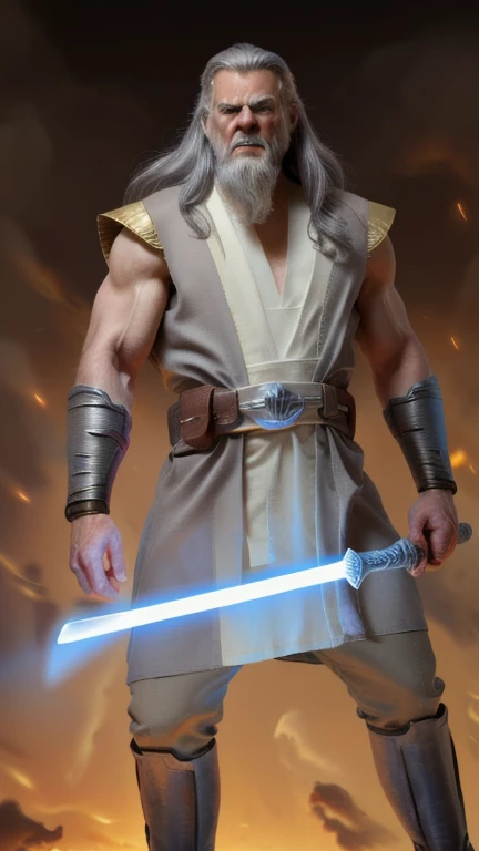 masterpiece, Best Quality, Muscular Old Man,Long Hair,Gray Hair,Long Beard,An angry face ,Jedi Costume, Robe, belt, boots,Silver gauntlet on right hand, A large, long sword of light,Shining