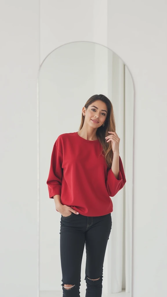Kaos merah maroon dgn tulisan KBM di bagian dada, desain simple abstrak