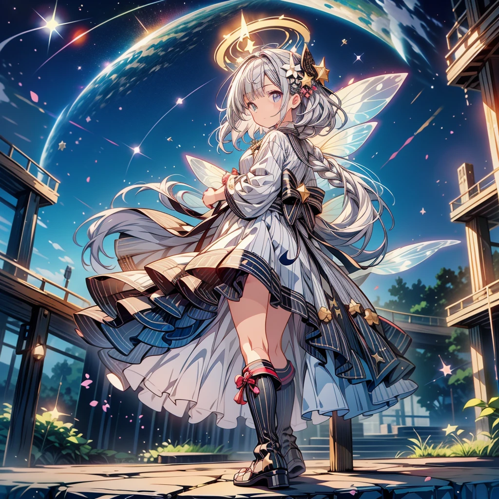 highest quality、８k,handsome face、vtuber-halfbody、A picture facing straight ahead towards the viewer、Star Fairy、Full body front standing picture、front、1girl,highest quality、masterpiece、official art、Super detailed、super beautiful、Cute Star Fairy、Gray hair straight long、Milky Way、universe、Star charm、Star、、knee-high boots、Japanese pattern dress、A beautiful girl wearing black and white clothes that are a remake of a yukata.、A ruffled dress reminiscent of the universe、