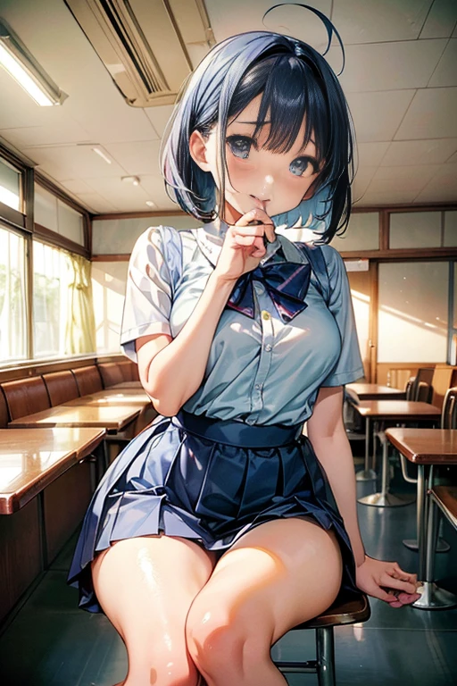 独奏、Mature adult woman、(Sailor suit summer uniform、Short-sleeved white shirt, dark blue pleated skirt, dark blue、Dark blue micro mini skirt dark blue、、Navy Blue Ribbon)、(Big Breasts、slim、Slimming、Muscular、Beautiful Abs、Bare thighs)、(Pure white panties、BREAK Panty Drop、Stand with your legs spread wide、Pussy、Pussyライン)、Dark Eyes、(Grown-up、I opened my mouth slightly、Sexy look、Blushing)、(Black Hair、Medium Bob)、high school、classroom、