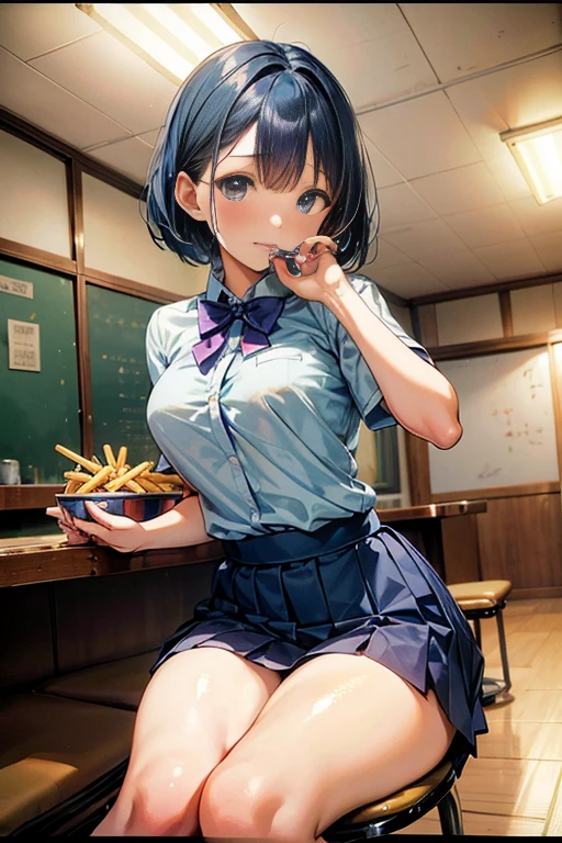 eating a banana,BREAK 30yo,woman,teacher,short hair,masterpiece,best quality,super detailed,BREAK in classroom,detailed background,