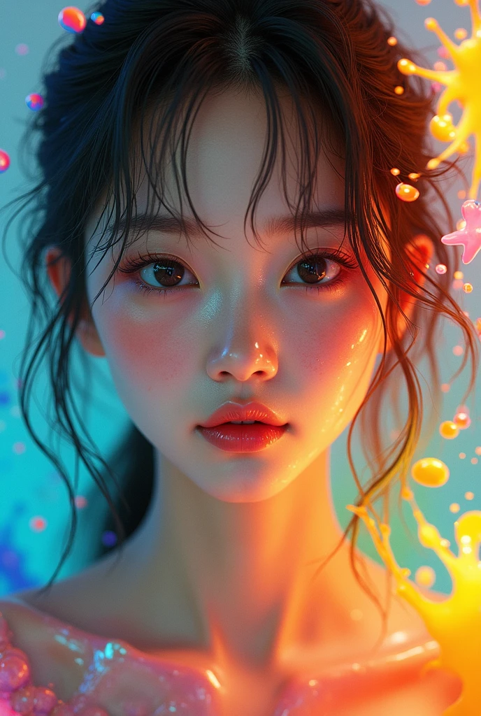 samdoesarts style award winning half body portrait of a beautiful woman in a croptop and cargo pants with ombre navy blue teal hairstyle with head in motion and hair flying, paint splashes, splatter, outrun, vaporware, shaded flat illustration, digital art, trending on artstation, highly detailed, fine detail, intricate
