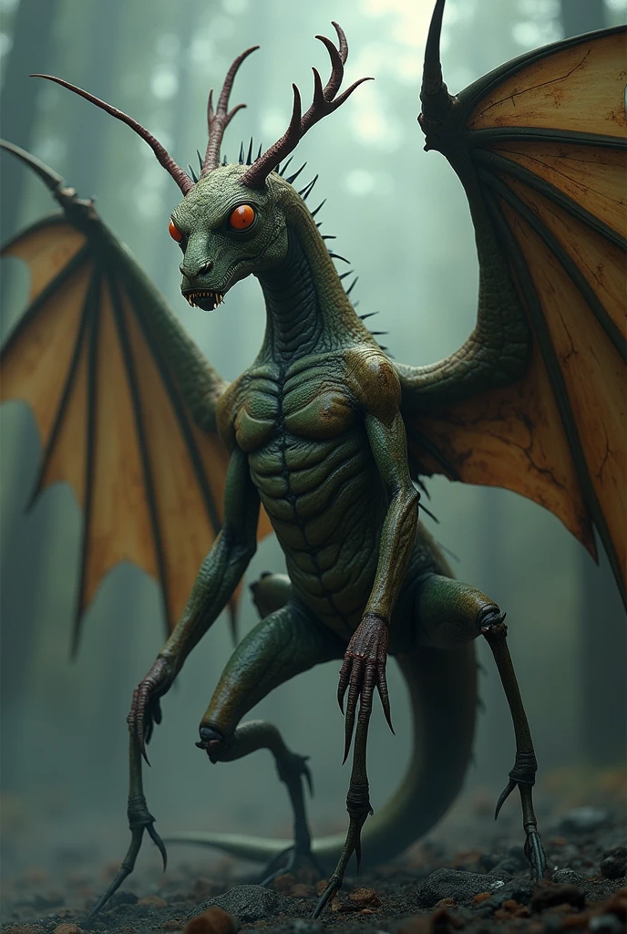 Distorted monstrous image of a Dragon that has six eyes, multiple mouths, one head, skinny body, ominous, and skeletal wings.