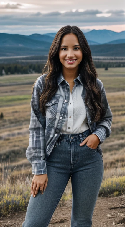 Foto hiperrealista en primer plano de Kelsey Asbille (native American ((light dark skin))), masterpiece, best quality, (photorealistic:1.4), full body,  (blue buttoned plaid flannel shirt:1.1) and (blue pants:1.1), (boots:1.2), on the ranch, grey day, Montana mountains in the background, cinematic light, beautiful woman, skinny, large big breasts, black long hair, detailed face, smile, facing the camera, photo taken from a distance, age of 2, camera filter on pastel gray colors,, grey filter on camera