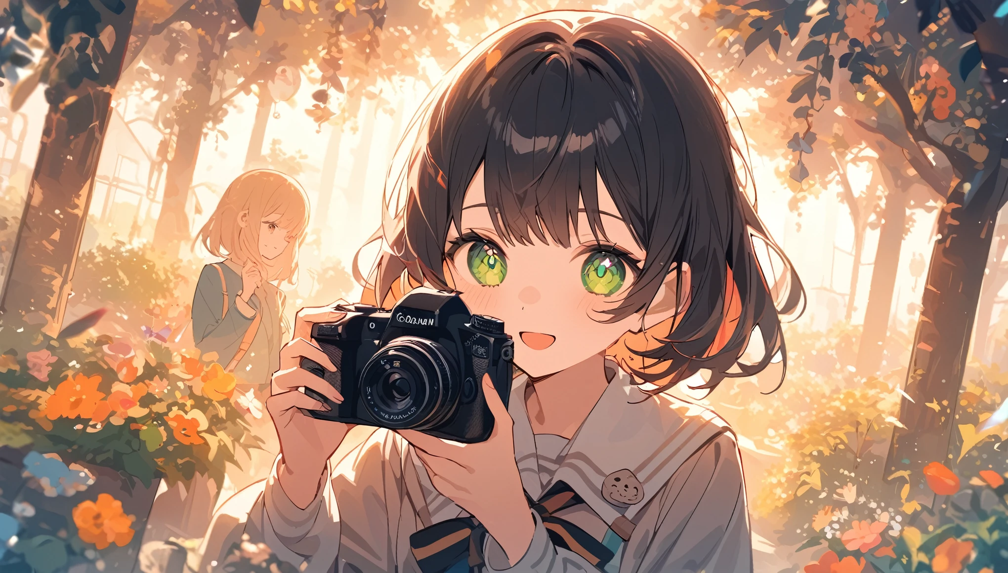 A high school girl holding a camera, capturing the world through her lens. The scene is filled with vivid colors and emotions, reflecting a perspective that feels both personal and unique. She smiles softly as she clicks the shutter, capturing fleeting moments like smiles and special events. The atmosphere is filled with a sense of creativity, as if she's painting her emotions through photography. Soft sunlight filters through the scene, illuminating her expressive eyes and the moment she cherishes.