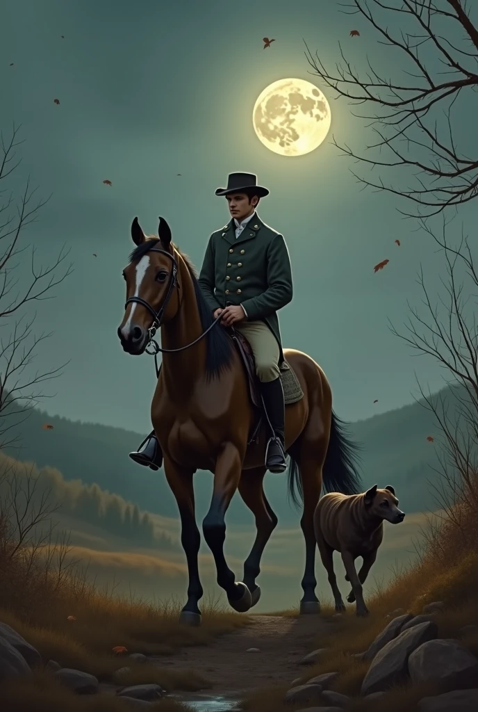 Joseph Wright Of Derby Style - a moonlit scene at the edge of a loney castle forecourt bordering a forrest. Two horses without riders stand in the shadows. A 20 year old man from the 16th century stands nearby.