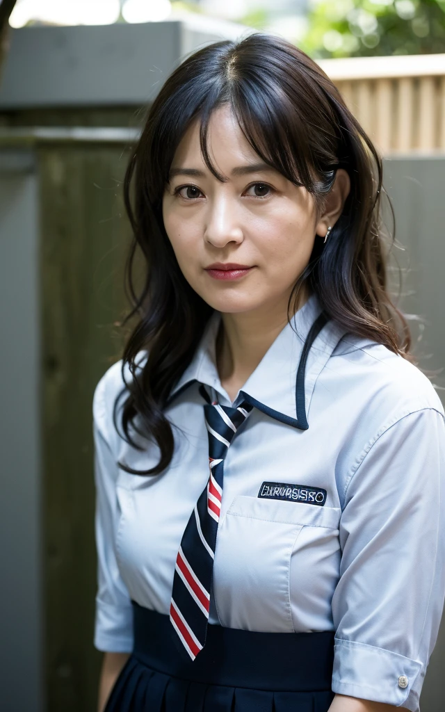 ((最high quality, 8k, masterpiece: 1.3)), Photorealistic, Sharp focus, high quality, High resolution, Portrait solo, Japan, Middle-aged women, Beauty, 4, Plump, Wavy Hair, Receptionist uniform, Wrinkles around the eyes:0.5, Small backyard, Lots of boxes, Lots of files, Dark Background