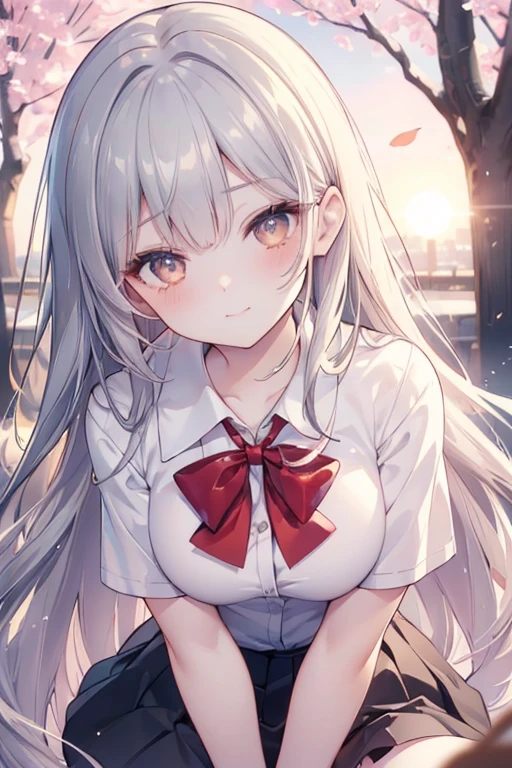 ((masterpiece, best quality, high resolution, UHD, pixel perfect, depth of field, 4k, RTX, HDR)), 1girl,single, solo, 1, beautiful anime girl, beautiful art style, anime character, ((very long hair , bangs, grey hair,)), (bright yellow eyes:1.4, round eyes, beautiful eyelashes, realistic eyes,detail), (face details, blush:1.2), (fine texture:0.55, realistic texture:0.65, photorealistic : 1.2, cinematic, CG anime style), medium breasts, perfect body, busty, (POV, close up), ((school uniform, red bow tie, black skirt)), (in the cherry tree forest, next to the cherry tree), ((side light, natural light, sunrise)), smiling slyly, leaning forward, looking at the viewer