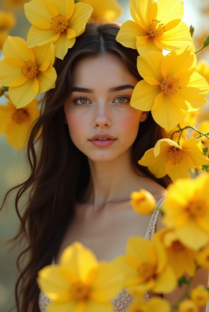 beautiful realistic woman with freckles and skindetails in flower field during golden hour, skin with beautiful nostalgic mood and freckles with emotive face with wet skin and petals falling