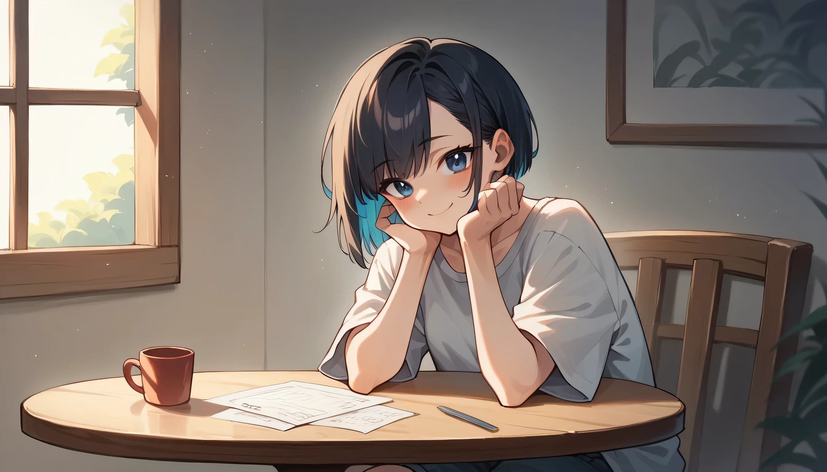 Anime girl sitting at a table with a cup of coffee - SeaArt AI