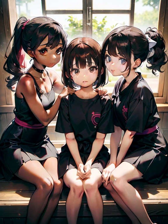 (((masterpiece, Best Quality)))，(((Three Girls)))，(((Three ***********s)))，((small:1.3))，Long eyelashes，浅Dark Skin, Very small young girl，Dark Skin，Brown hair in a double ponytail，非常にshort髪#1: short, Bangs，baby face，Round face，Big round eyes，Legs spread park，playground，Vibrant colors，(((Yuri)))，((orgasm))，，sweat，Green Hair，mini skirt，Upskirt，White simple panties，White knee-high socks，Girl hugging girl，cute，Out of breath，Thick, clear mucus on thighs，Sticky mucus on thighs，Open your mouth，Sticking out tongue，Thick, clear mucus，A little clear mucus，((small breasts))，(((Flat Chest)))，Thick, clear mucus on panties，Wet Panties，Clear mucus drips down my thighs，ing，Bedroom Eyes，Half-open eyes，Half-closed eyes，((Clear View))，((Best Quality))，((high detail))，Thick, clear mucus on panties，Dripping from panties，Obscene face，A little clear mucus on thighs，Dripping saliva，Sticky thighs，Obscene，Clear liquid on thighs，((Multiple Girls))，((Multiple people))，Exposing breasts，Hard nipples，Saliva trace，((Hugs))，((Kiss))，((nsfw))，((Not safe at work))，(nsfw) Not safe at work，same-sex love，Lesbian，Lesbian姉妹，Put your tongue on my thigh，Licking each other，Teasing each other，(Camel Toe)，(Camel Toe)，(small tongue)，(short舌)，((Dripping Panties))，female orgasm，Mischievous look，((No shirt))，((No.)))，((Tops))，Obscene，Licking panties, Licking the thighs，Exposing Thighs，((Bottomless)), Take off your clothes, Take off your skirt, Take off your shirt, Remove your bra