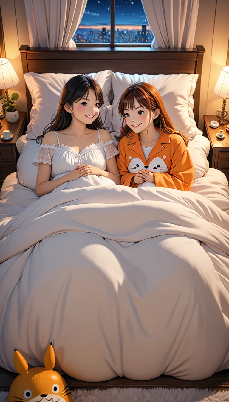 Natural redhaired young adult woman in revealing pajamas sitted with you in bed extending her hand to touch you