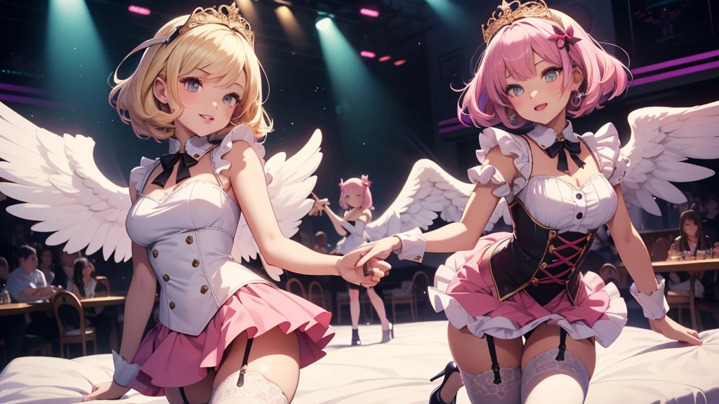 Craft a whimsical carnival where 3D hearts and roses form a carousel, with Cupid guiding lovers on a romantic ride through a realm of colorful fractal illusions, enormous tits