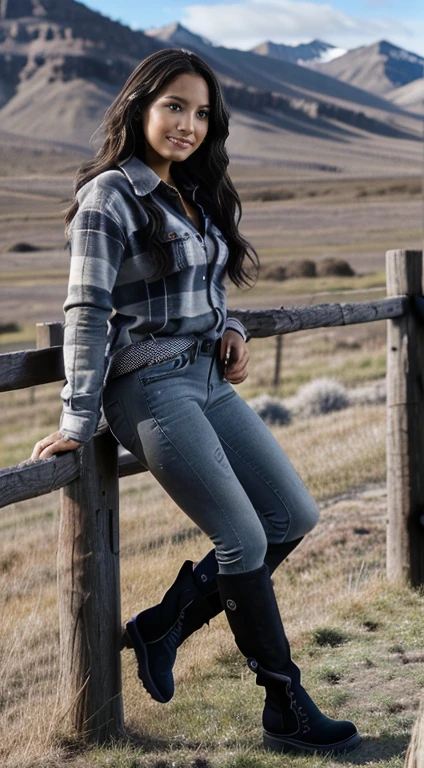 Foto hiperrealista en primer plano de Kelsey Asbille (native American ((light dark skin))), masterpiece, best quality, (photorealistic:1.4), full body,  (blue buttoned plaid flannel shirt:1.1) and (blue pants:1.1), (boots:1.2), on the ranch, grey day, Montana mountains in the background, cinematic light, beautiful woman, skinny, large big breasts, black long hair, detailed face, smile, facing the camera, photo taken from a distance, age of 2, camera filter on pastel gray colors,, grey filter on camera